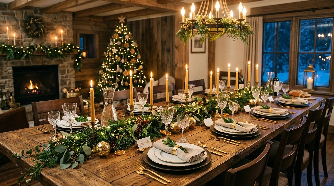 Finish with a holiday table that feels dressed up and warm inspiration for a holiday dining table.